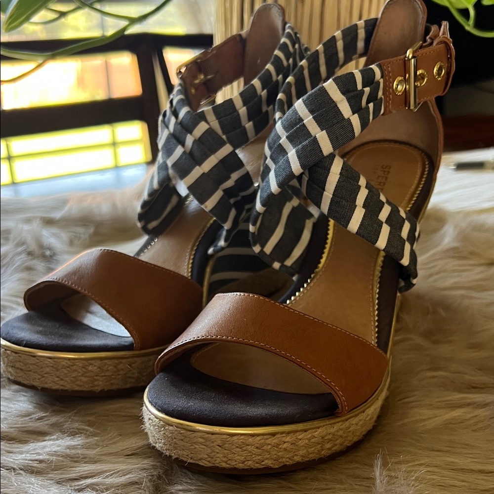 Sperry Brown and Black Striped Wedges
